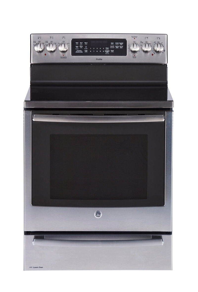 GE Profile 6.2 Cu. Ft. Freestanding Electric Range with Baking Drawer  - PCB987YMFS | Cuisinière électrique amovible GE ProfileMC de 6,2 pi3 avec tiroir de cuisson – PCB987YMFS | PCB987FS
